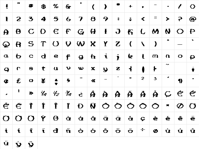 JenneriCurved Regular  glyph index