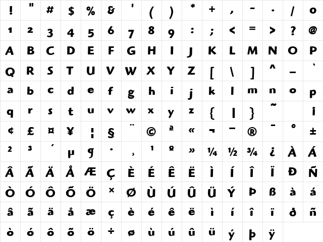 HighlanderITCOS Bold  glyph index