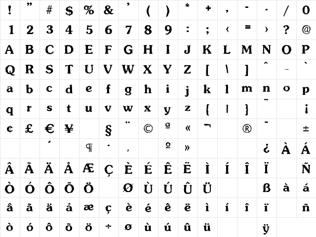 SunsetAntique Bold  glyph index