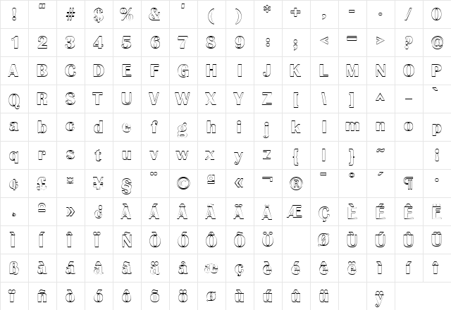 GrenobleOutline Regular  glyph index