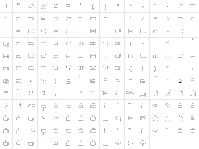 Nebula Hollow Regular  glyph index