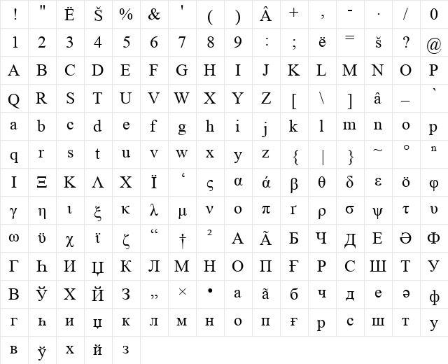 Euransi e Ewnaforzune Regular  glyph index
