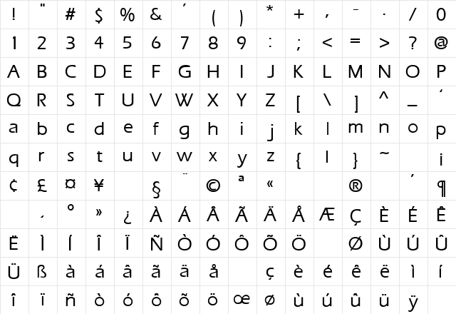 Eros Bold  glyph index