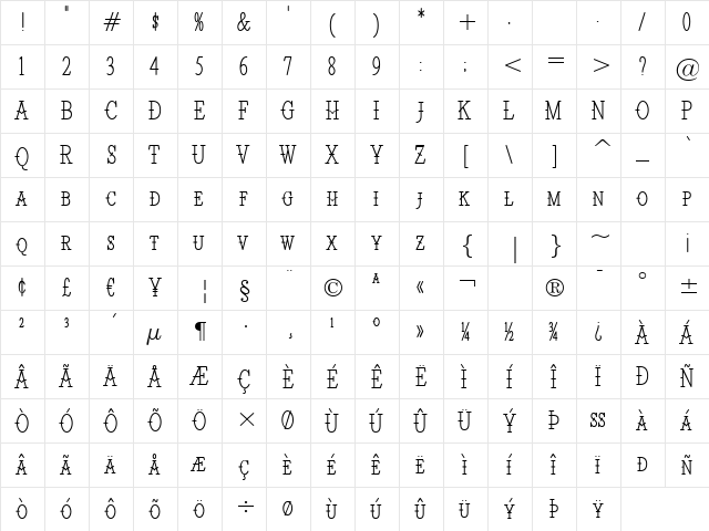 Santiago BTN Condensed Light Regular  glyph index