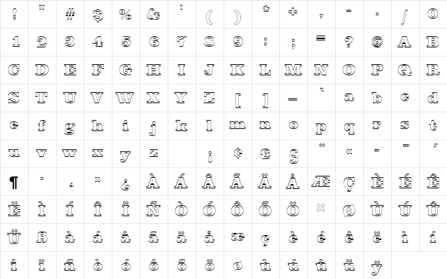 ClarendonTExtBolOu1 Regular  glyph index