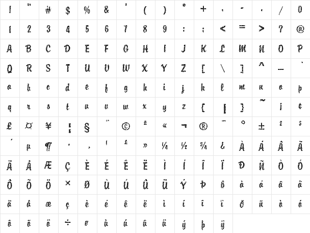 DTC Brody M31 Regular  glyph index