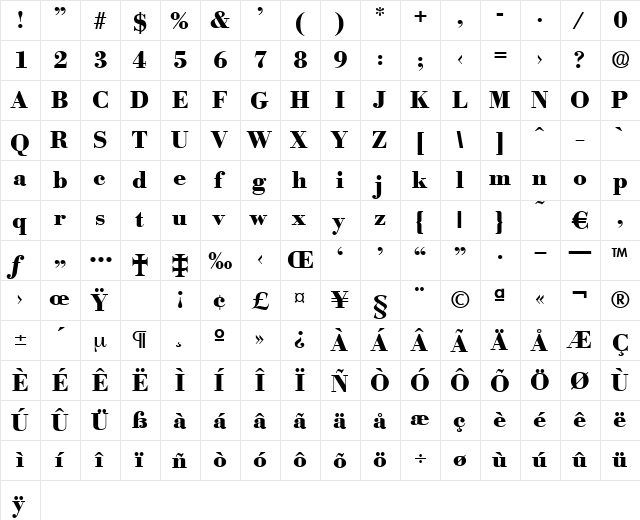 Bodoxi-Bold Regular  glyph index