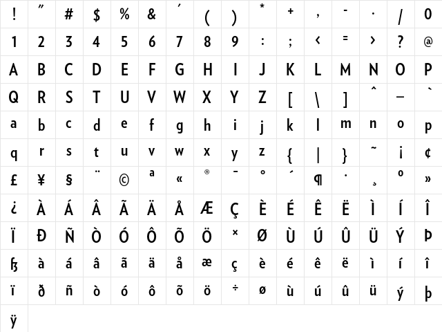 Verlag Condensed Bold  glyph index