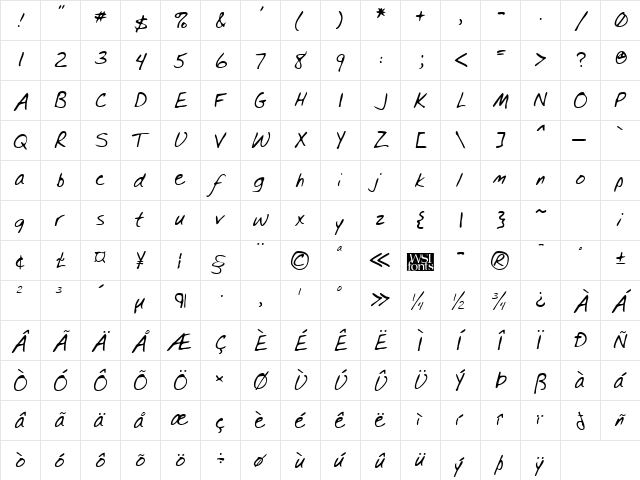 TylersHand Regular  glyph index