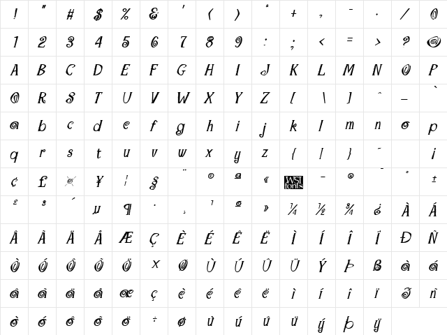 Maraca Bold Italic  glyph index