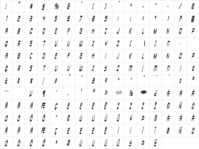 Blizzard Shaft Condensed SemIt Regular  glyph index