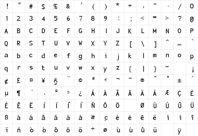 Rover 1 Regular  glyph index
