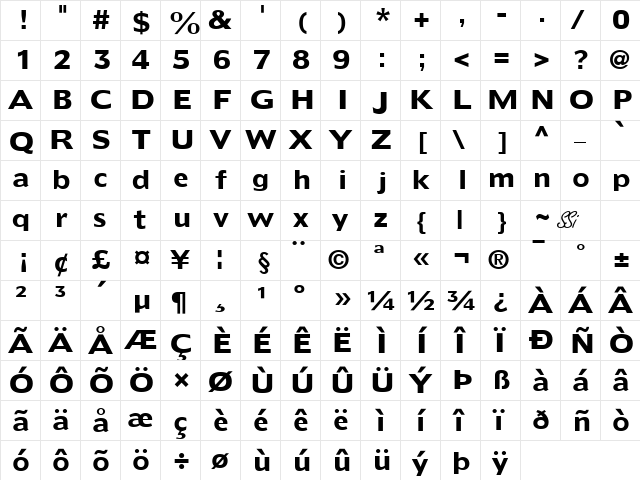 Extens SSi Bold  glyph index