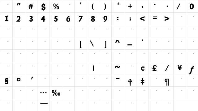 FaustExtraBoldTab Regular  glyph index