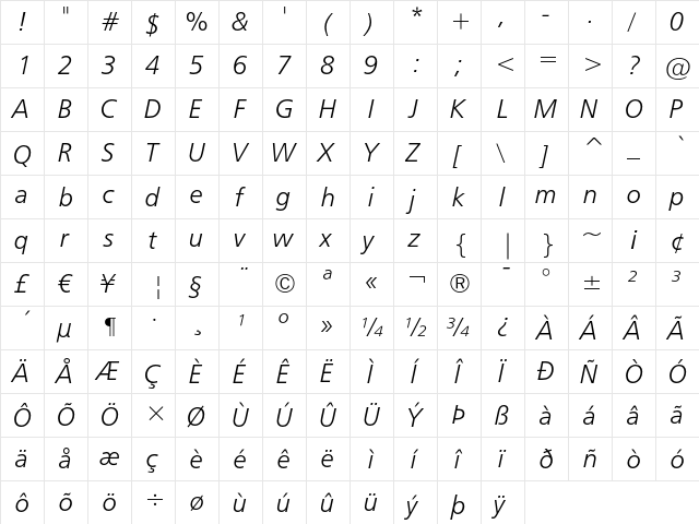 Humanist 777 Light Italic  glyph index