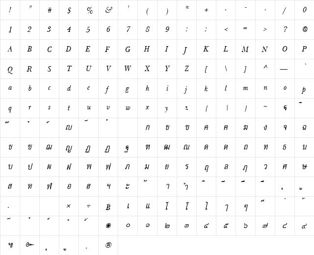 PSL-Irene Italic  glyph index