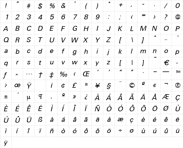 Ultimate-RegularIta Regular  glyph index
