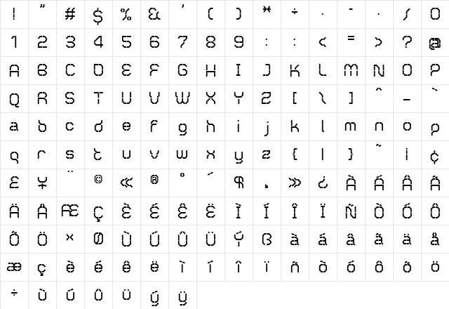 ZERO Bold  glyph index