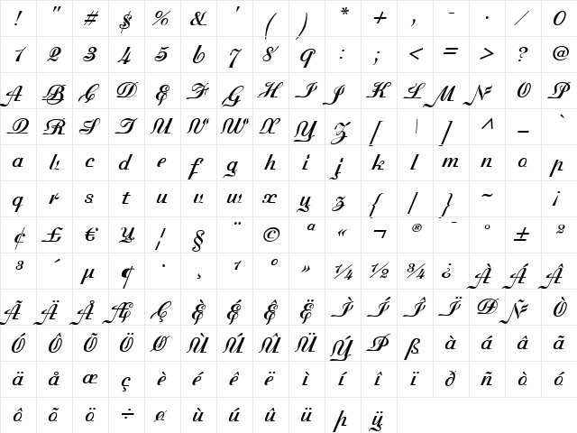 Madisonian Bold  glyph index