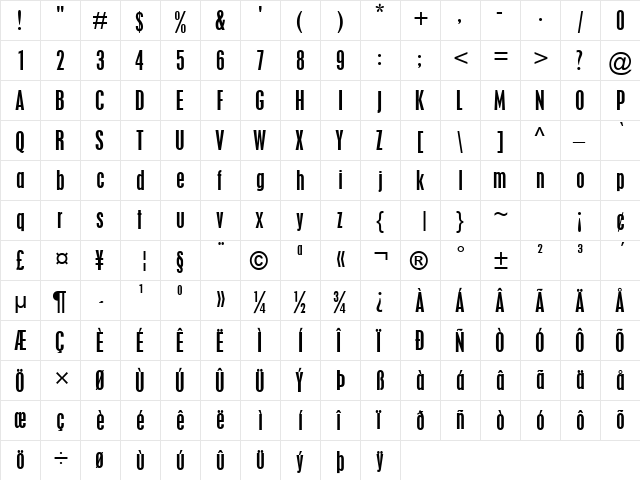 Placard Condensed Regular  glyph index