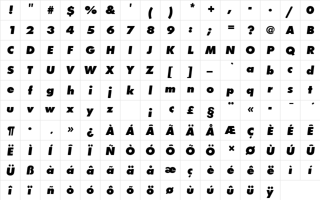 FuturaTExtBolOblRo1 Regular  glyph index