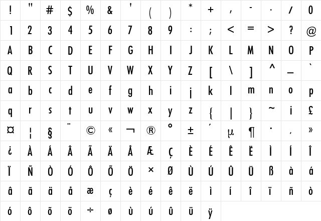 Futura Condensed BQ Regular  glyph index