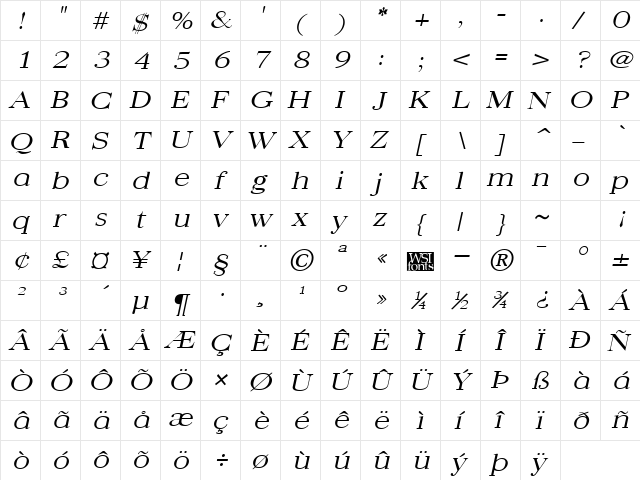 QuantasBroadLight Italic  glyph index