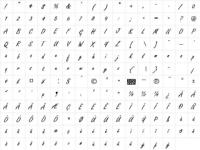 Freelance Script Regular  glyph index