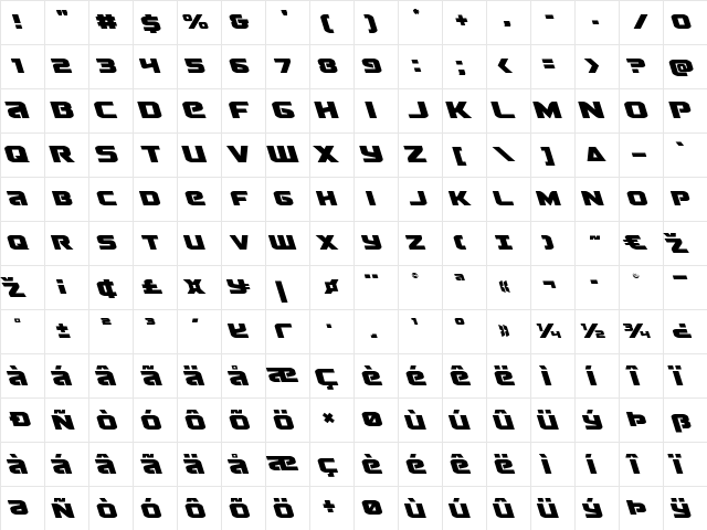 Terran Leftalic Italic  glyph index