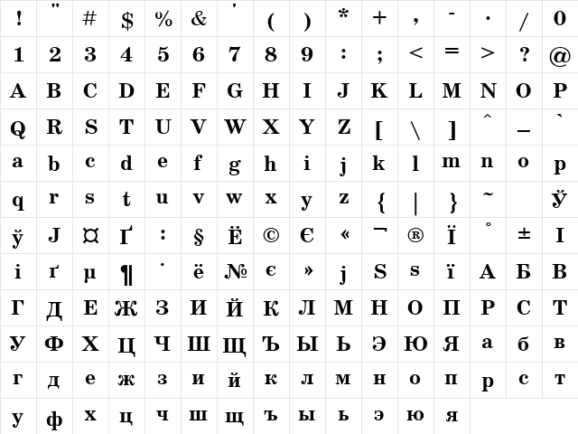 SchoolBook Bold Cyrillic  glyph index