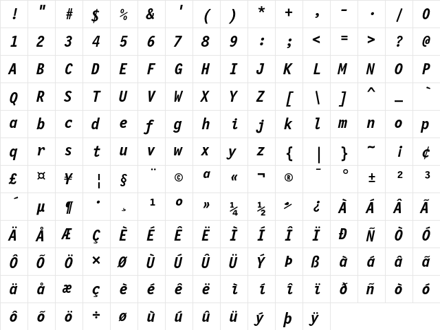 Letter Gothic 12 Pitch Bold Italic  glyph index