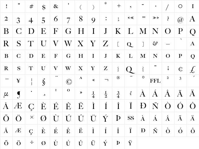 BigCaslon Regular  glyph index