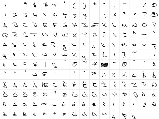 EricasHand Regular  glyph index