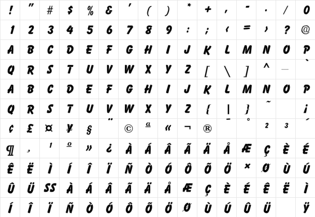 Balloonist Inline SF Bold  glyph index