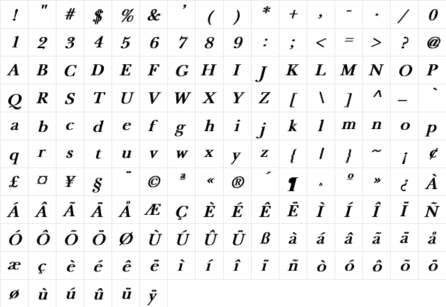 Bobson Bold Italic Regular  glyph index