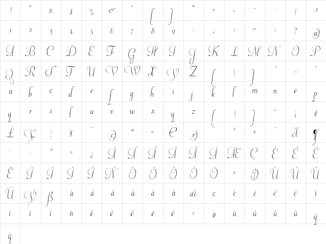 PlumaPrimeyra Regular  glyph index