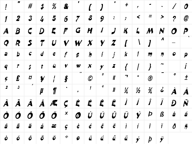 Crane-Condensed Italic  glyph index