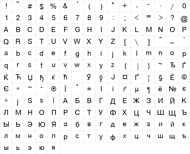 ArtsansC Regular  glyph index