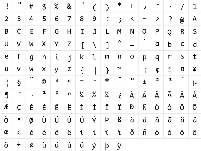 Code New Roman Regular  glyph index