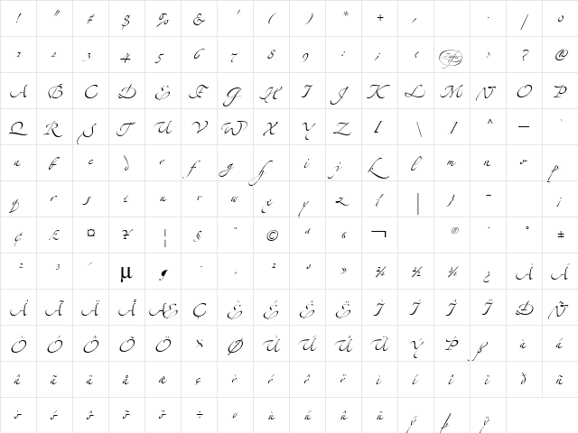 Zapfino Linotype Two Regular  glyph index