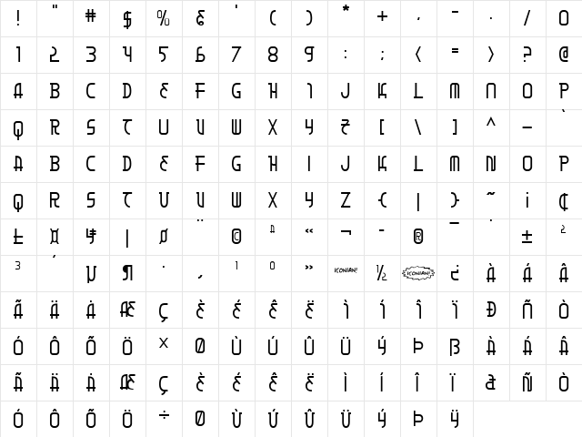 Moon Dart Regular  glyph index