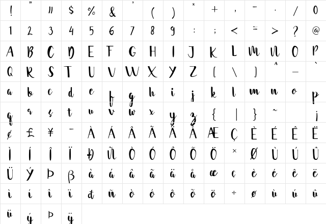 cantika Regular  glyph index