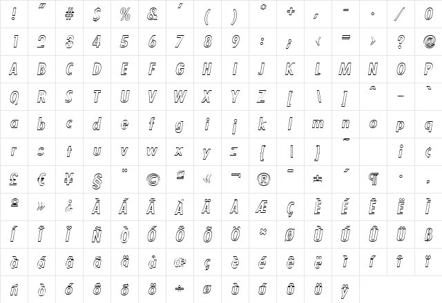 PeterBeckerCondOutline-Medium Italic  glyph index