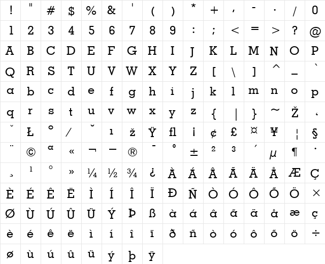 GeoSlab703-Medium Regular  glyph index