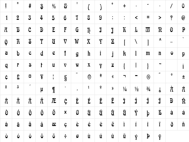 LaliqueCondensed Regular  glyph index