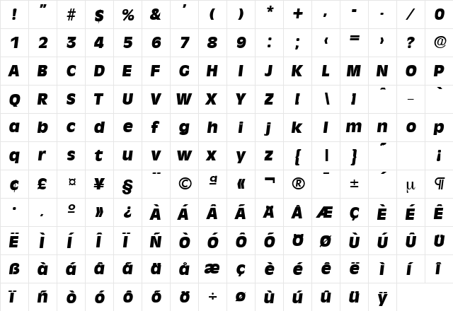 Ravenna-Serial-Heavy RegularItalic  glyph index