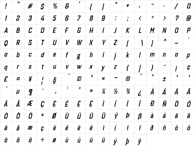 Quarca Cond Medium Italic  glyph index