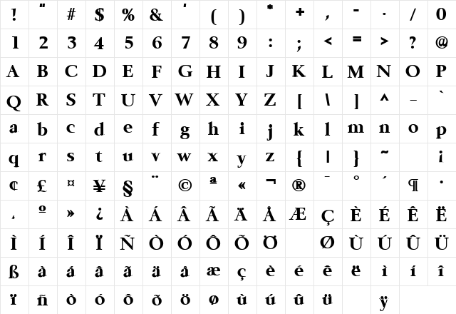 BelfastLH Bold  glyph index