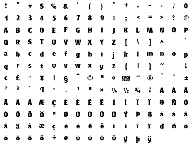 RyndersHeavy Regular  glyph index