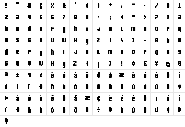 Pixeldown Regular  glyph index